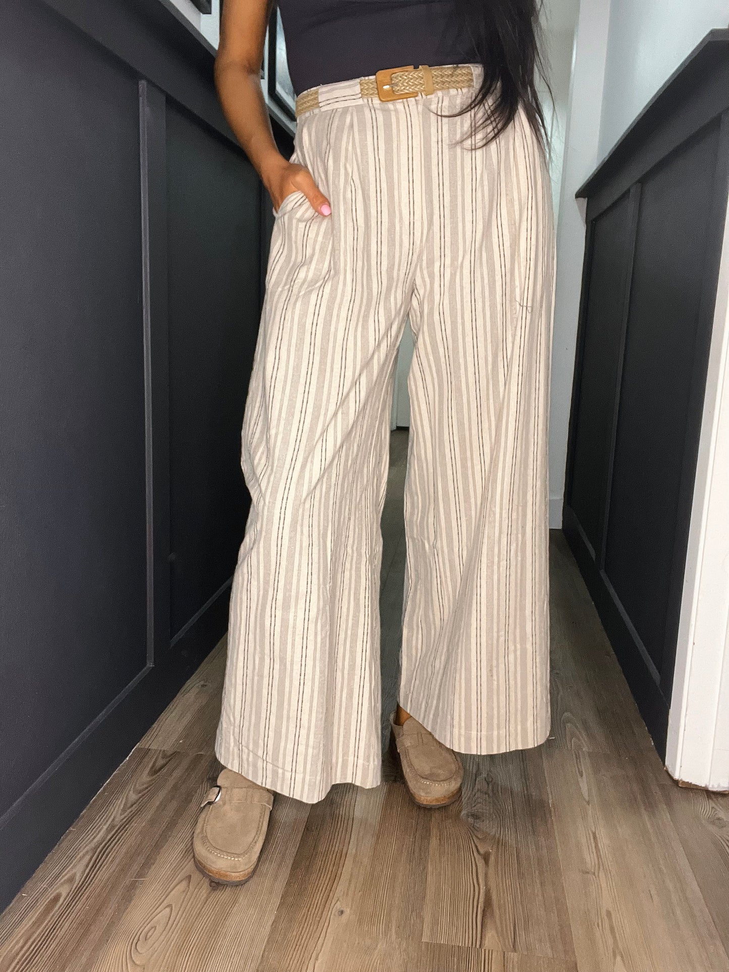 Alix Stripe Woven Belted Wide Leg Pant- BLK/ Natural