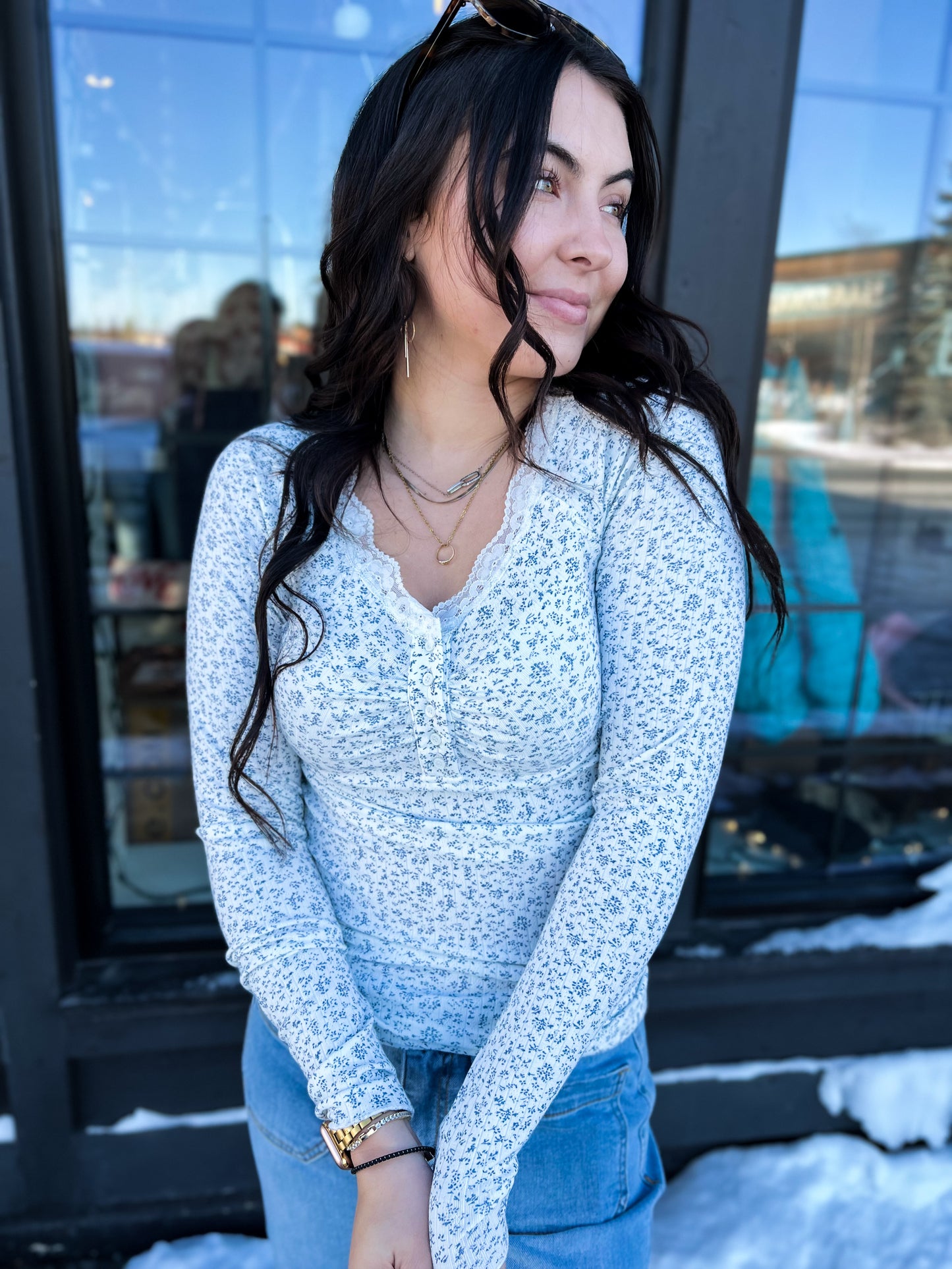 Casie Lace Trim Floral Top- Off White