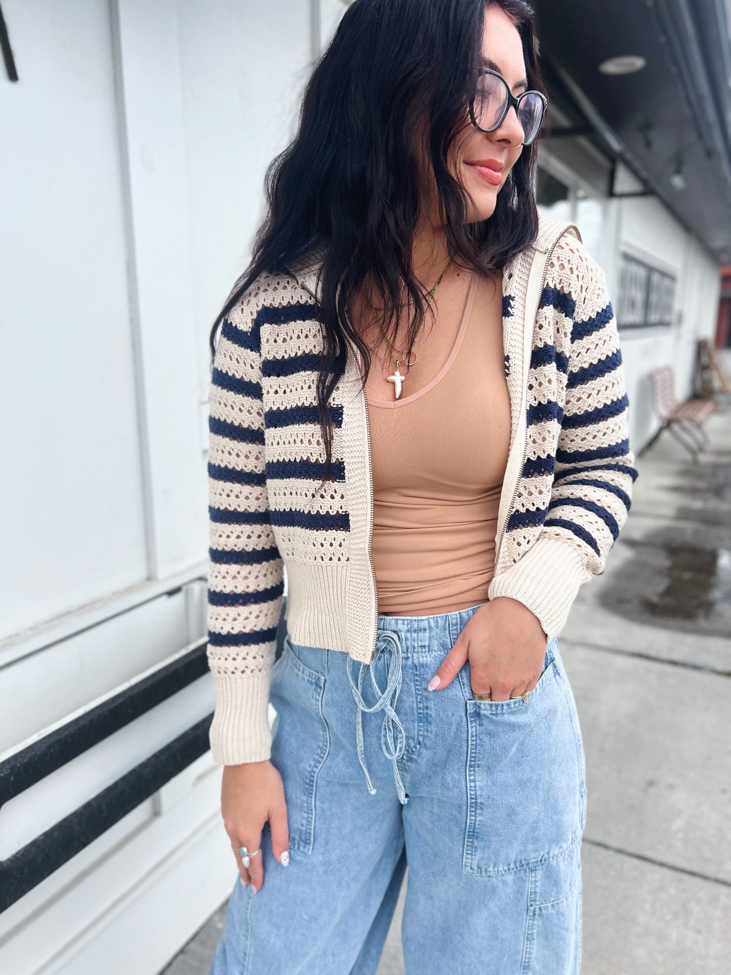 Paige Zip Up Pointelle Knit Sweater Jacket- Oat