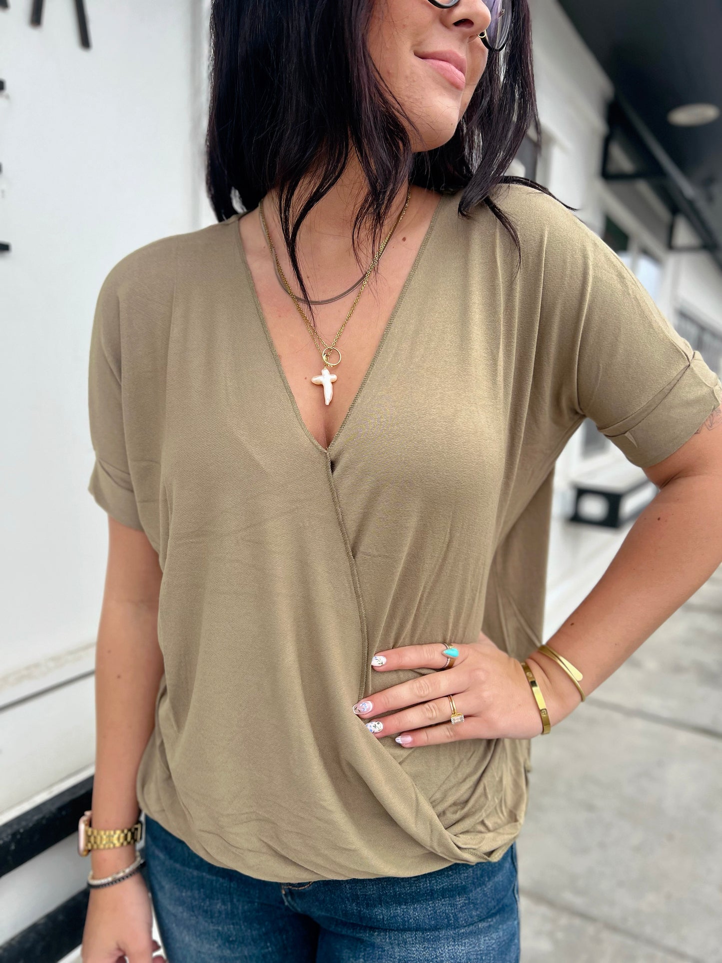 Freelance Surplice Short Sleeve Blouse- Khaki