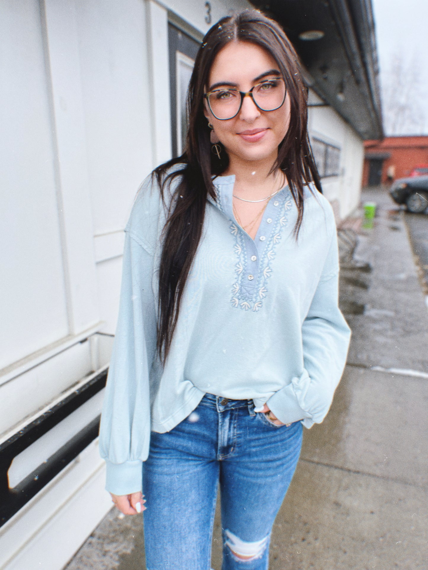 Olivia Embroidered French Terry Henley- Dusty Blue