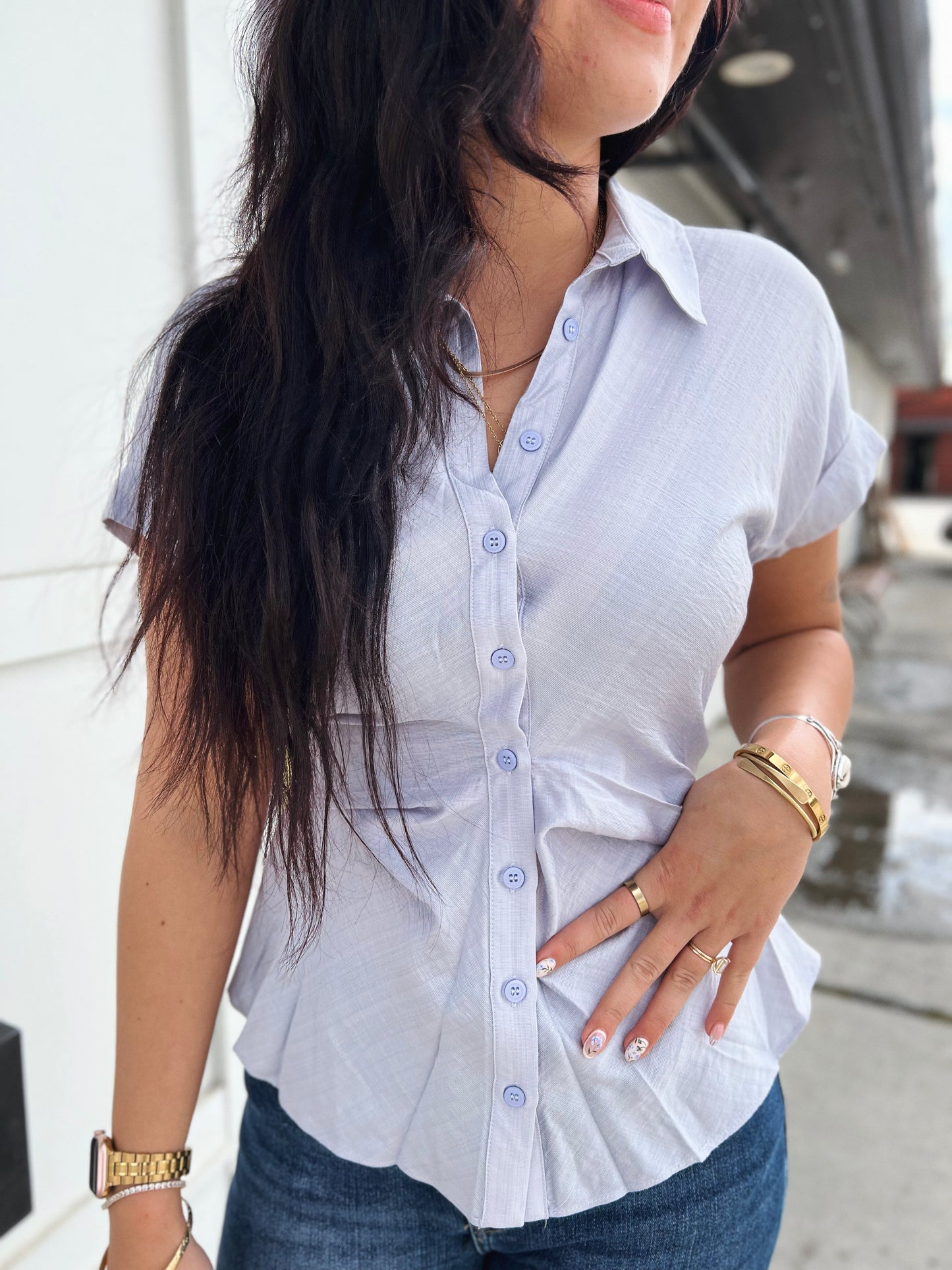 Kennedy Tied Back Button Up- Chambray