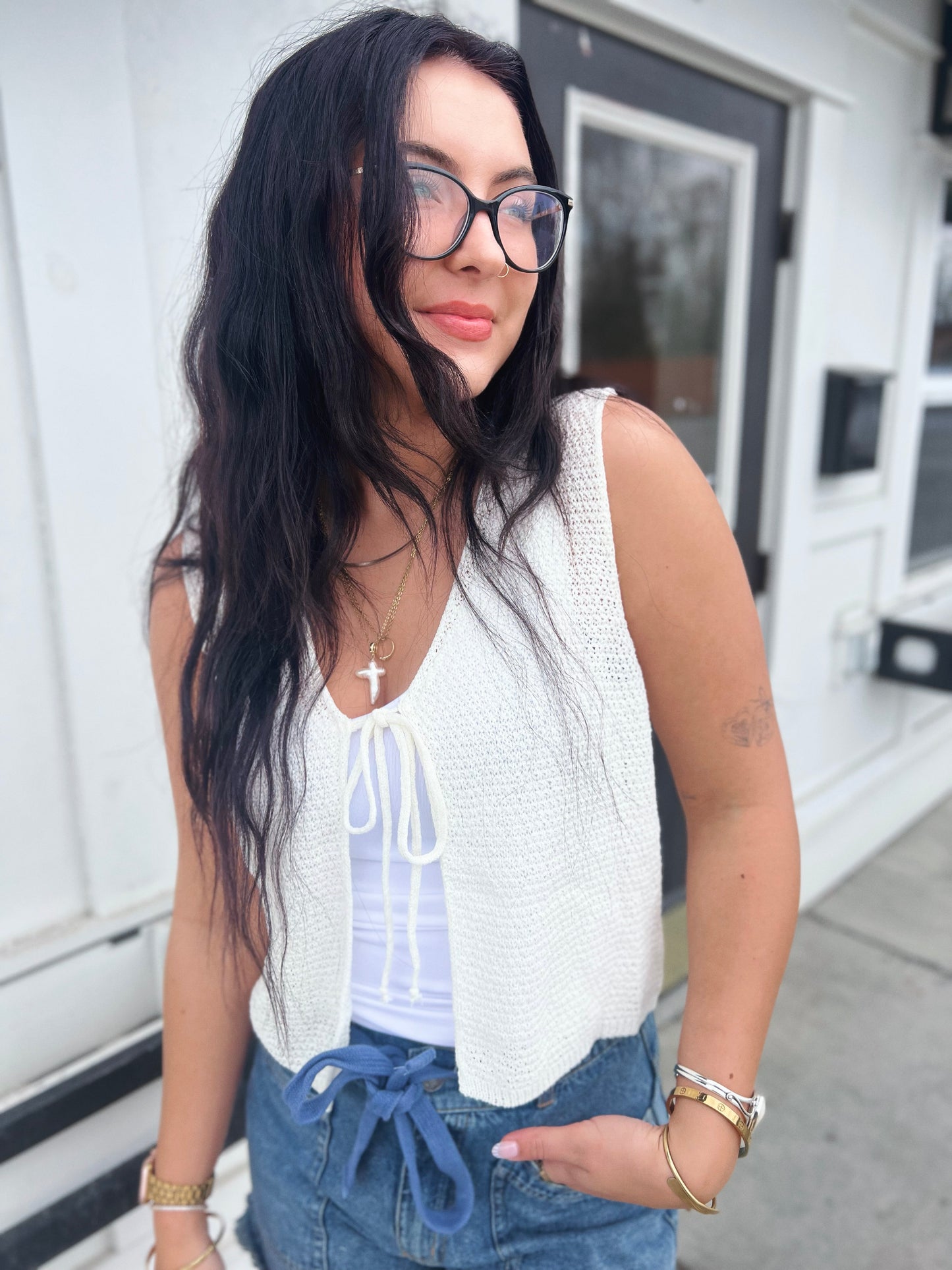 Josie V Neck Tie Front Vest- Off White