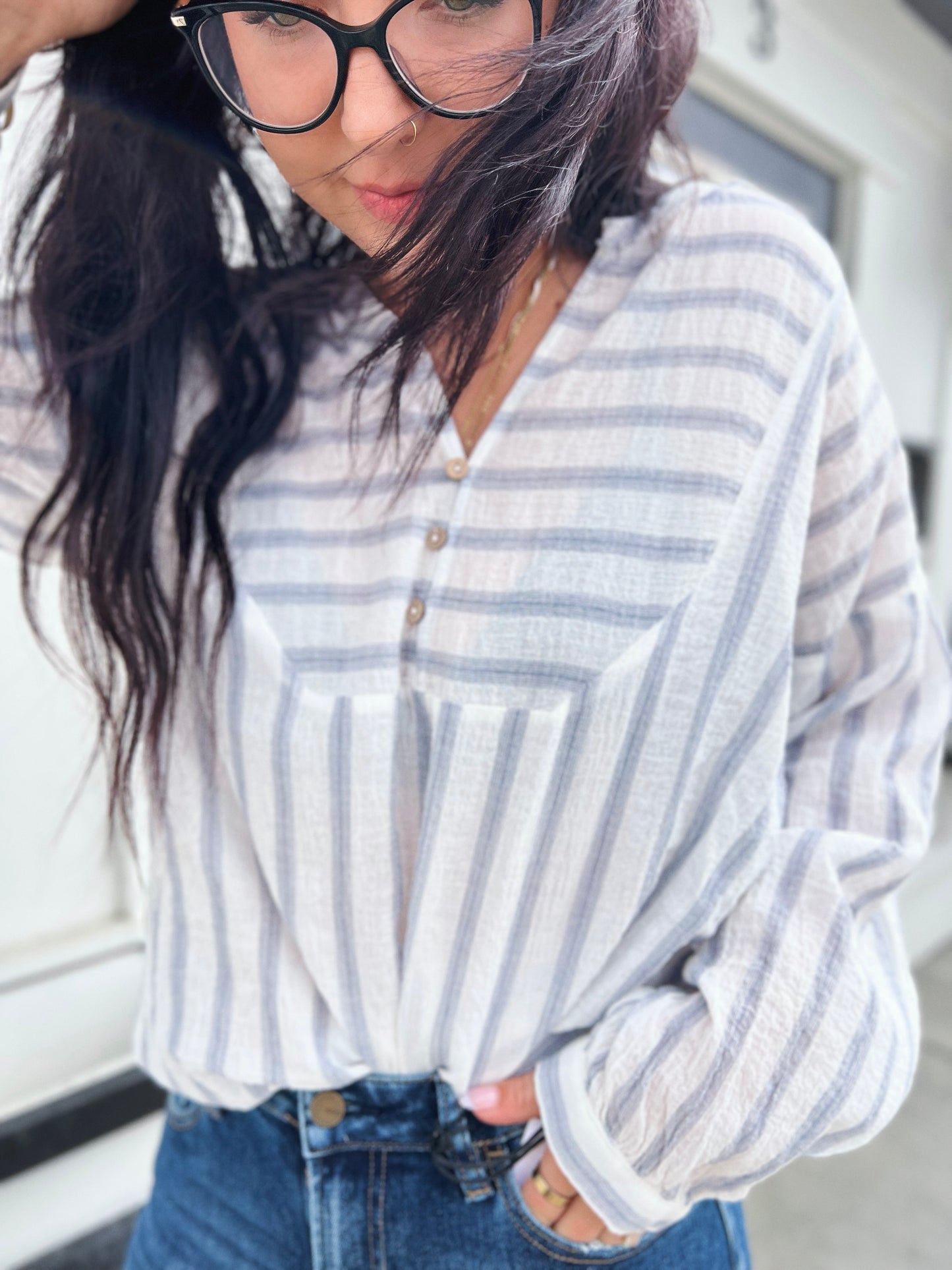 Francis V Nck Button Closure Blouse- Denim