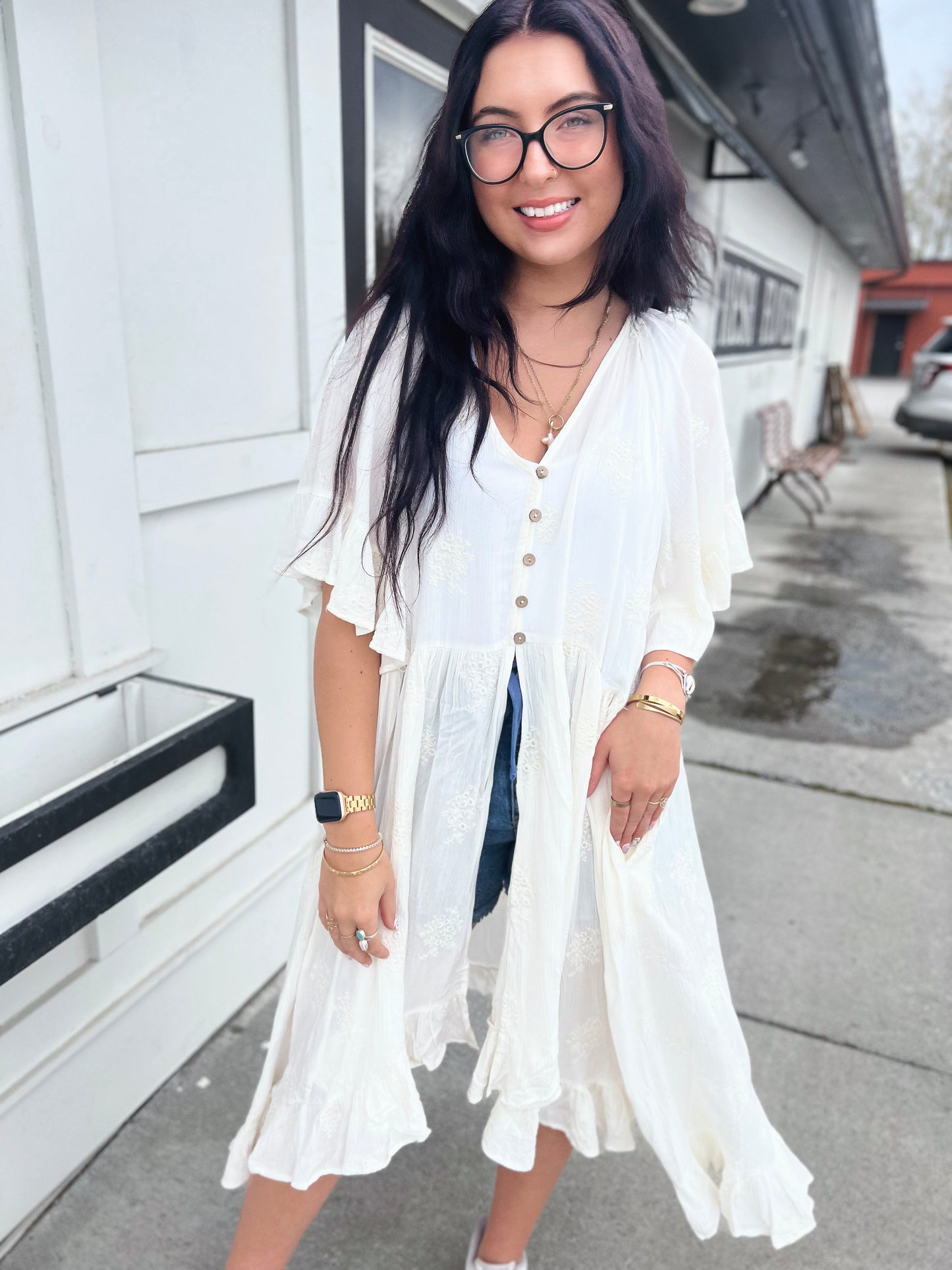 Rosie Embroidered Flutter Slv Button Duster Cardi