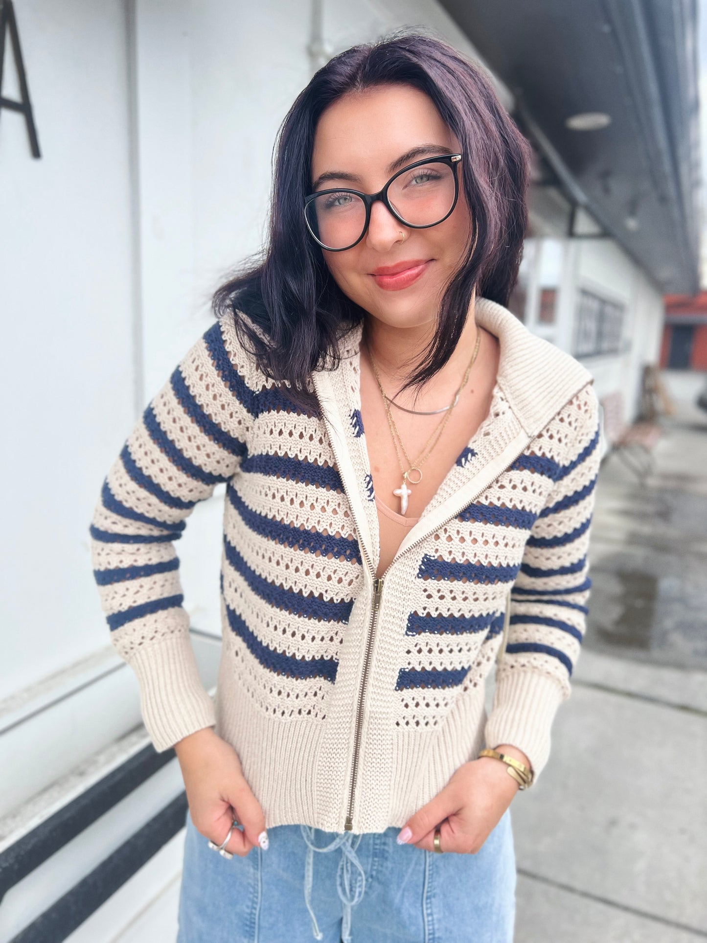 Paige Zip Up Pointelle Knit Sweater Jacket- Oat