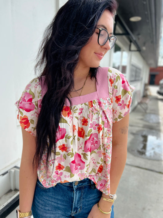 Sofia Floral Square Neckline Top- Blush Combo