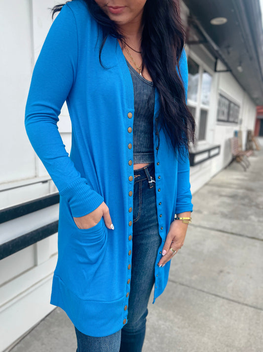 Kyra Tunic Snap Button Cardi- Ocean Blue