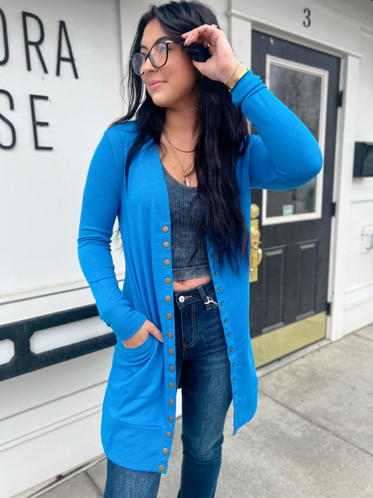 Kyra Tunic Snap Button Cardi- Ocean Blue
