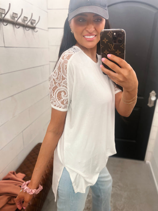 Kallie Lace Shoulder Relaxed Tee- White
