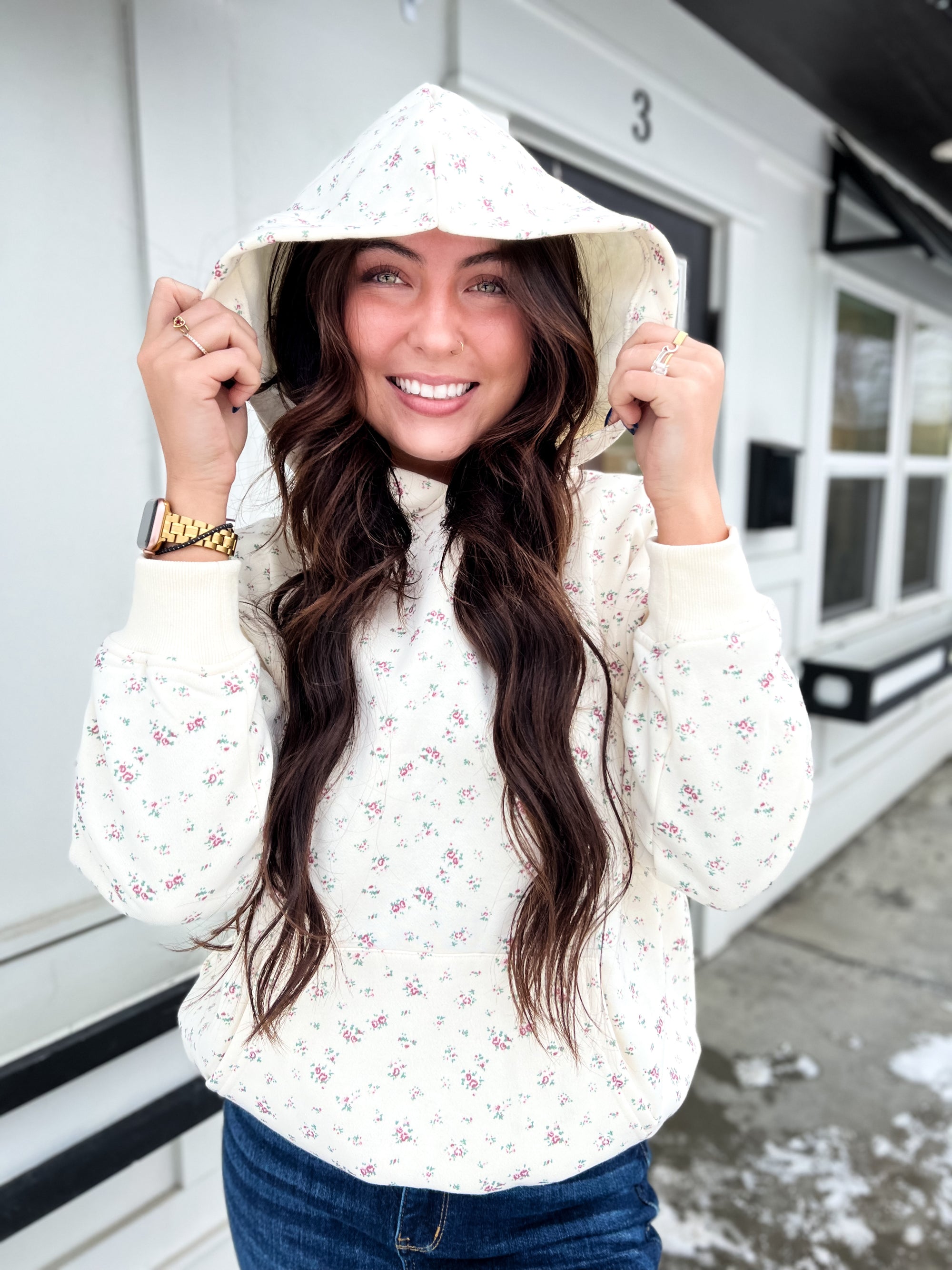 Sadie Floral Terry Hoodie- Ivory