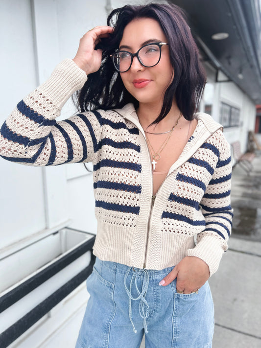 Paige Zip Up Pointelle Knit Sweater Jacket- Oat