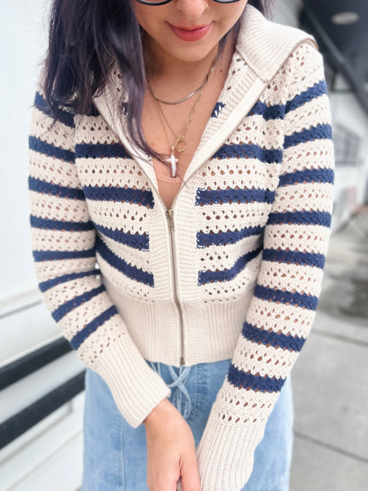 Paige Zip Up Pointelle Knit Sweater Jacket- Oat