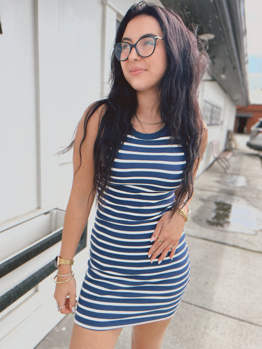 Summer Sails Stripe Racer Dress- Navy/White