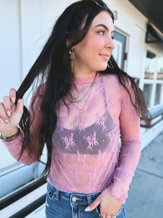 DeeDee Lace LS Layering Top-Rose