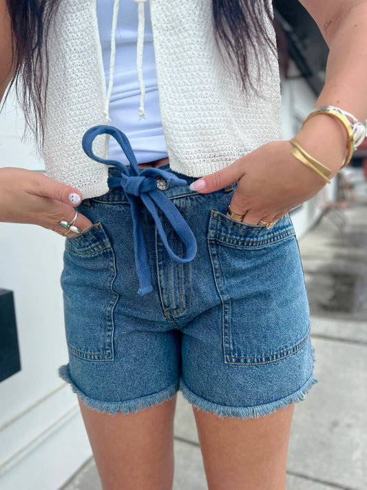Alexandra HW Cutoff Short- Washed Denim