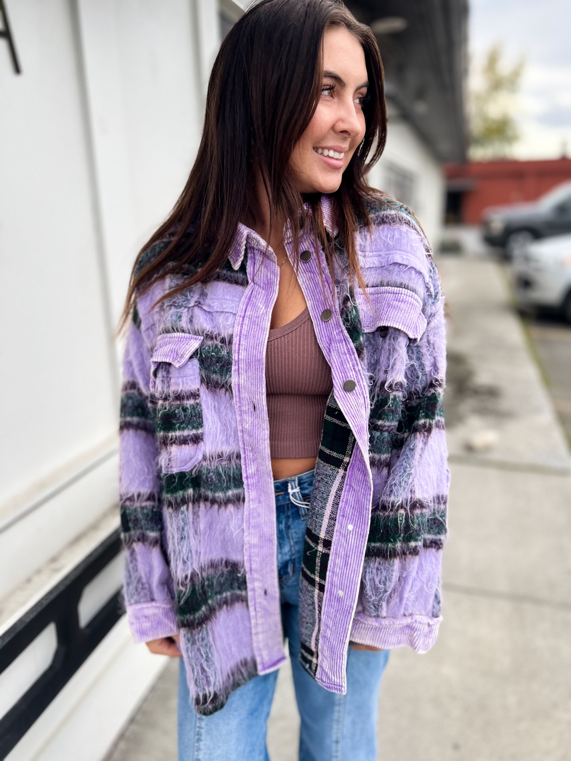 Just Like Mink Fuzzy Plaid Jacket- Purple Multi