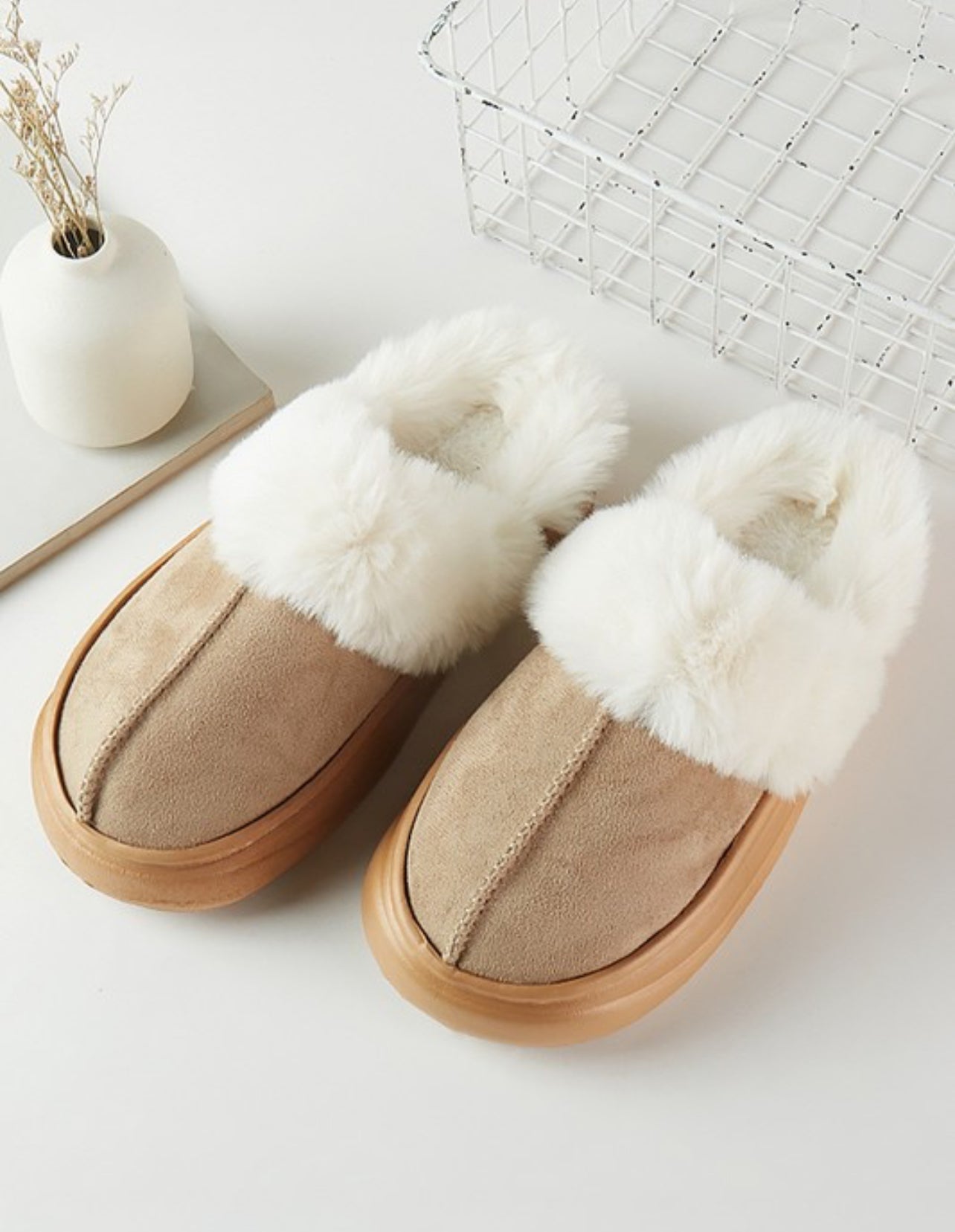 Fluffy Fur Trimmed Winter Slippers- Taupe