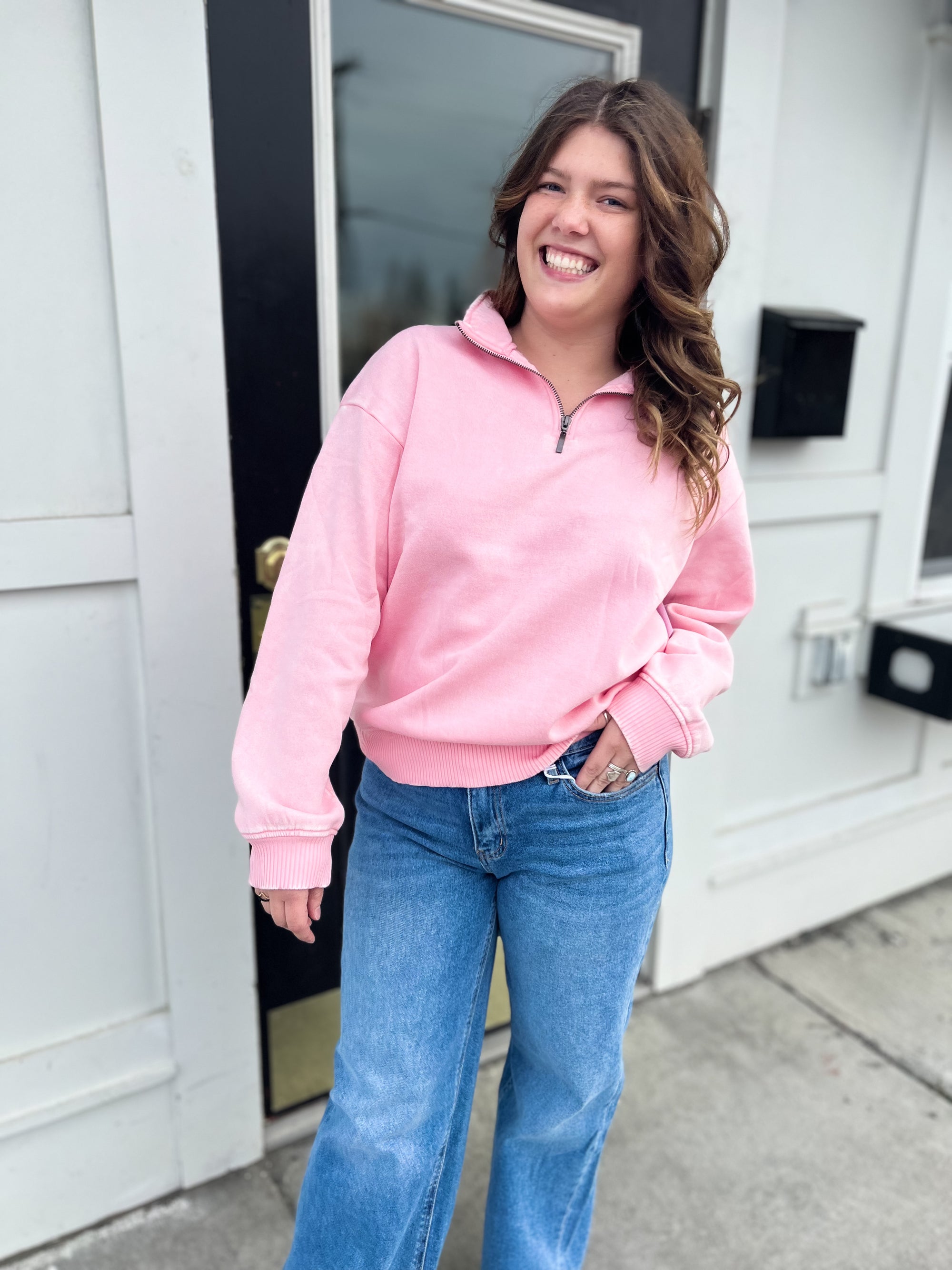 Casual Comfort Fleece Half Zip Pullover- DK Pink