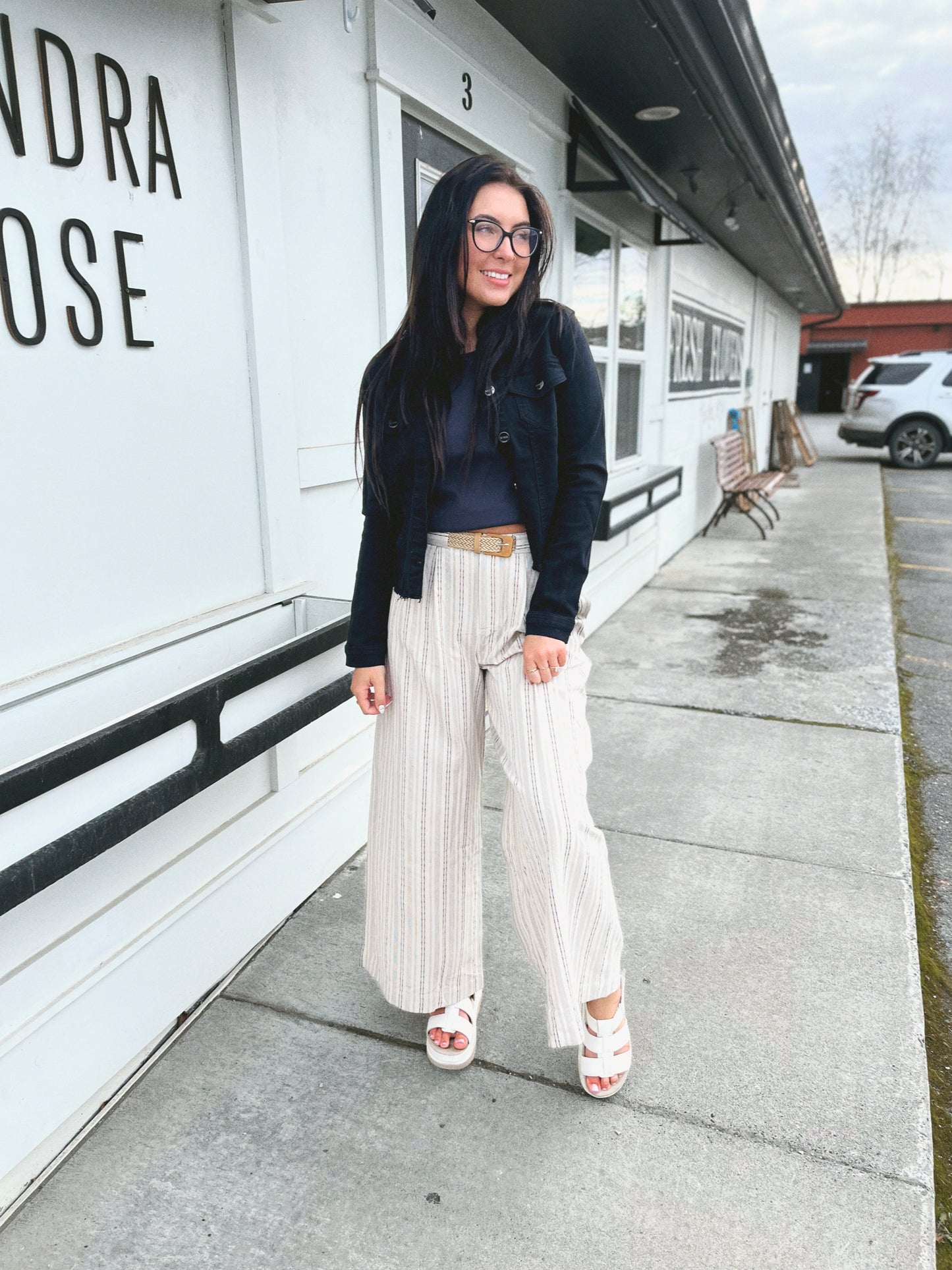 Alix Stripe Woven Belted Wide Leg Pant- BLK/ Natural