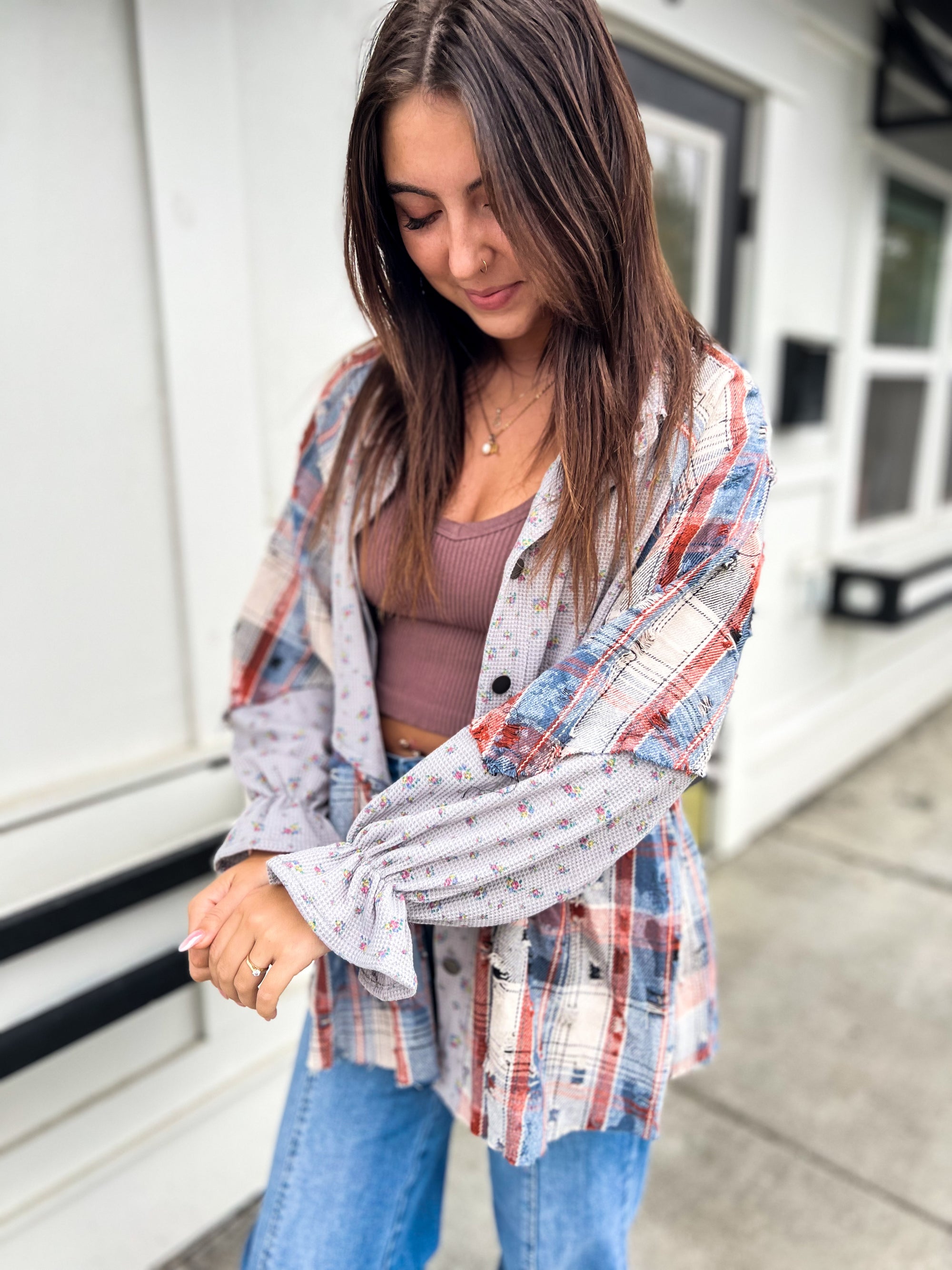 For Love Of Floral And Plaid Button Down- Grey Multi