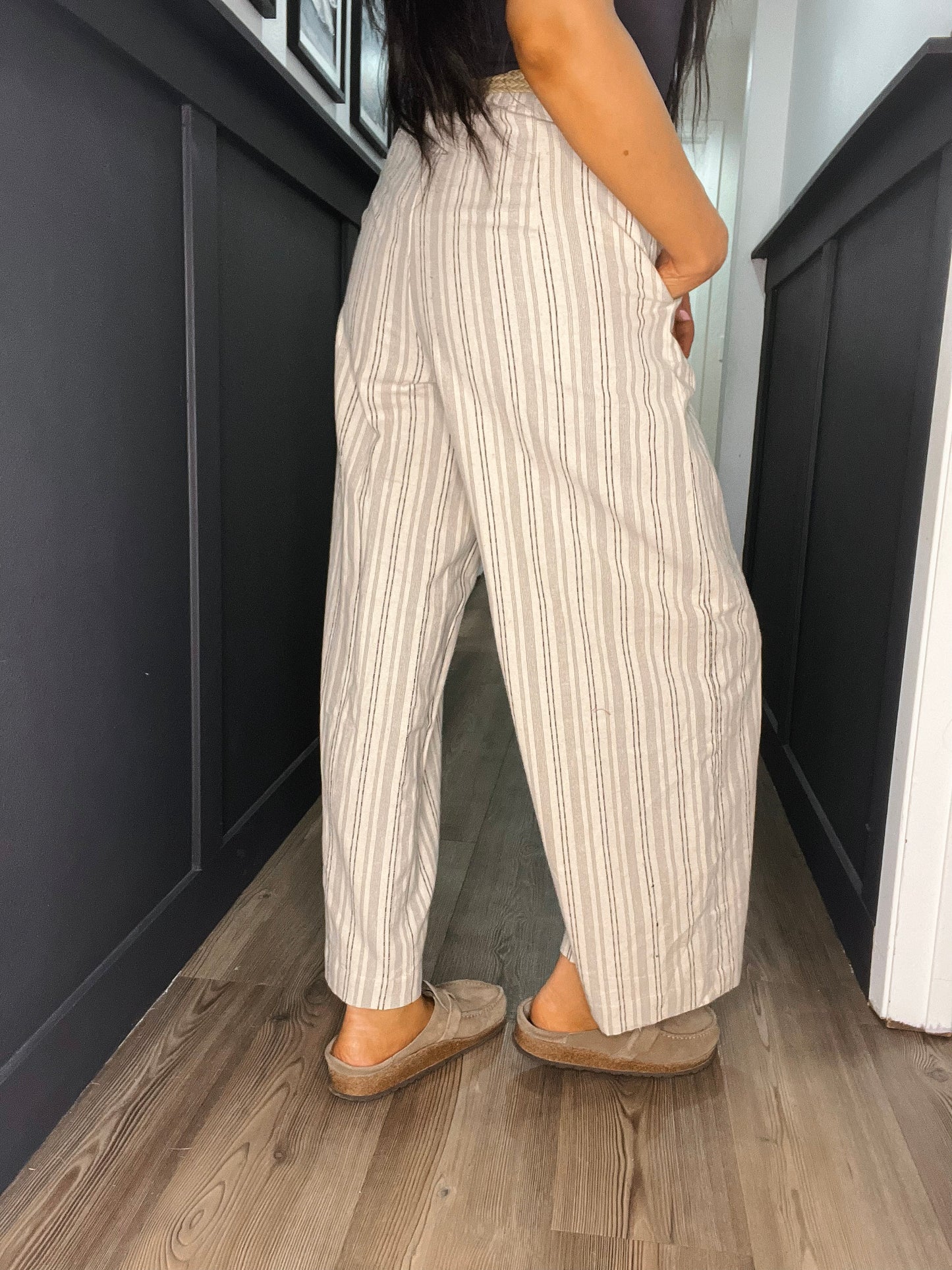 Alix Stripe Woven Belted Wide Leg Pant- BLK/ Natural