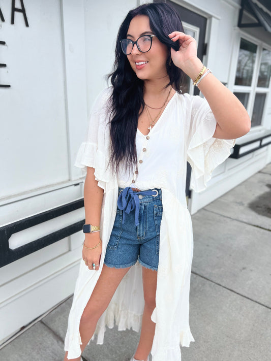 Rosie Embroidered Flutter Slv Button Duster Cardi