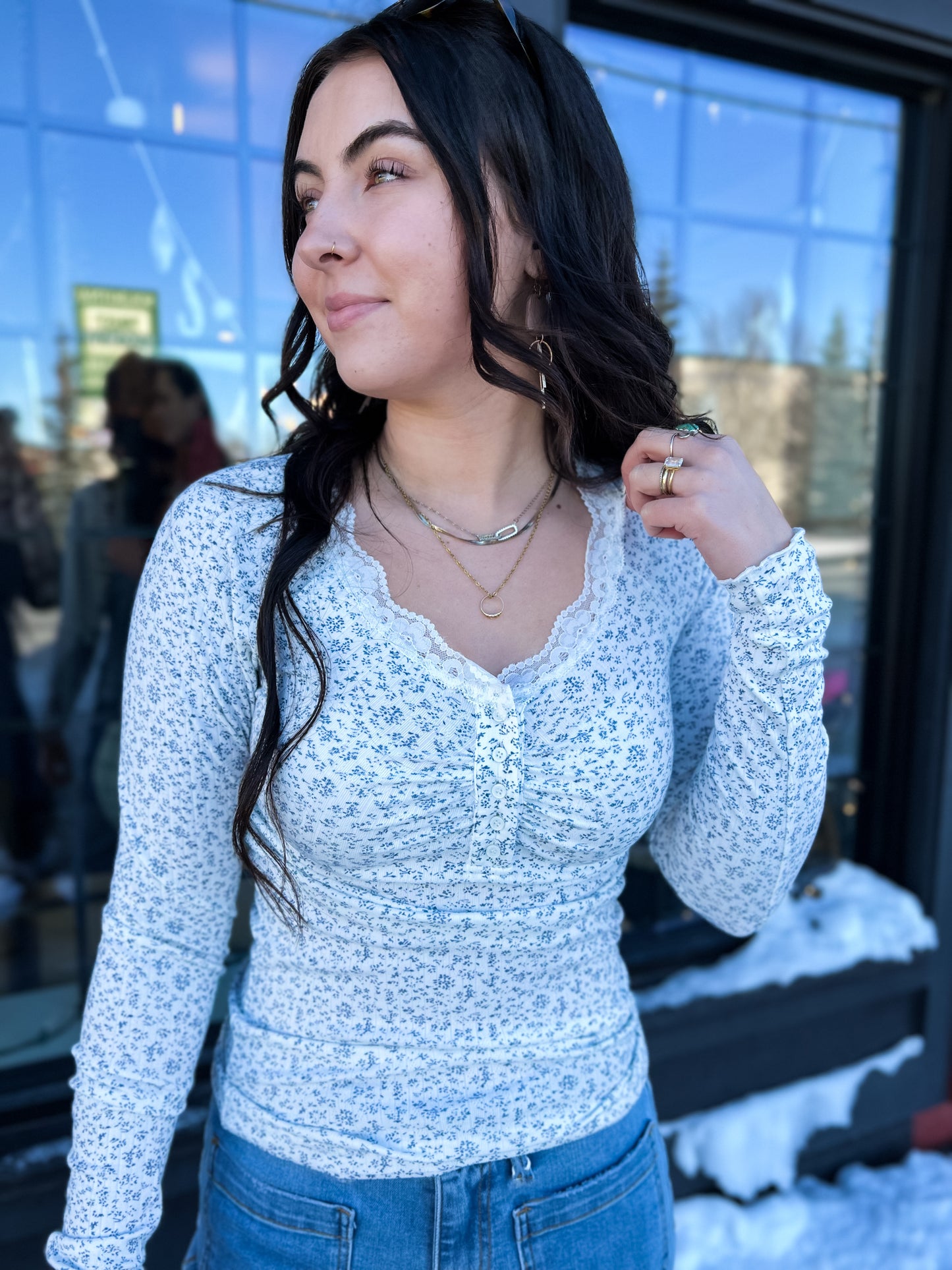 Casie Lace Trim Floral Top- Off White