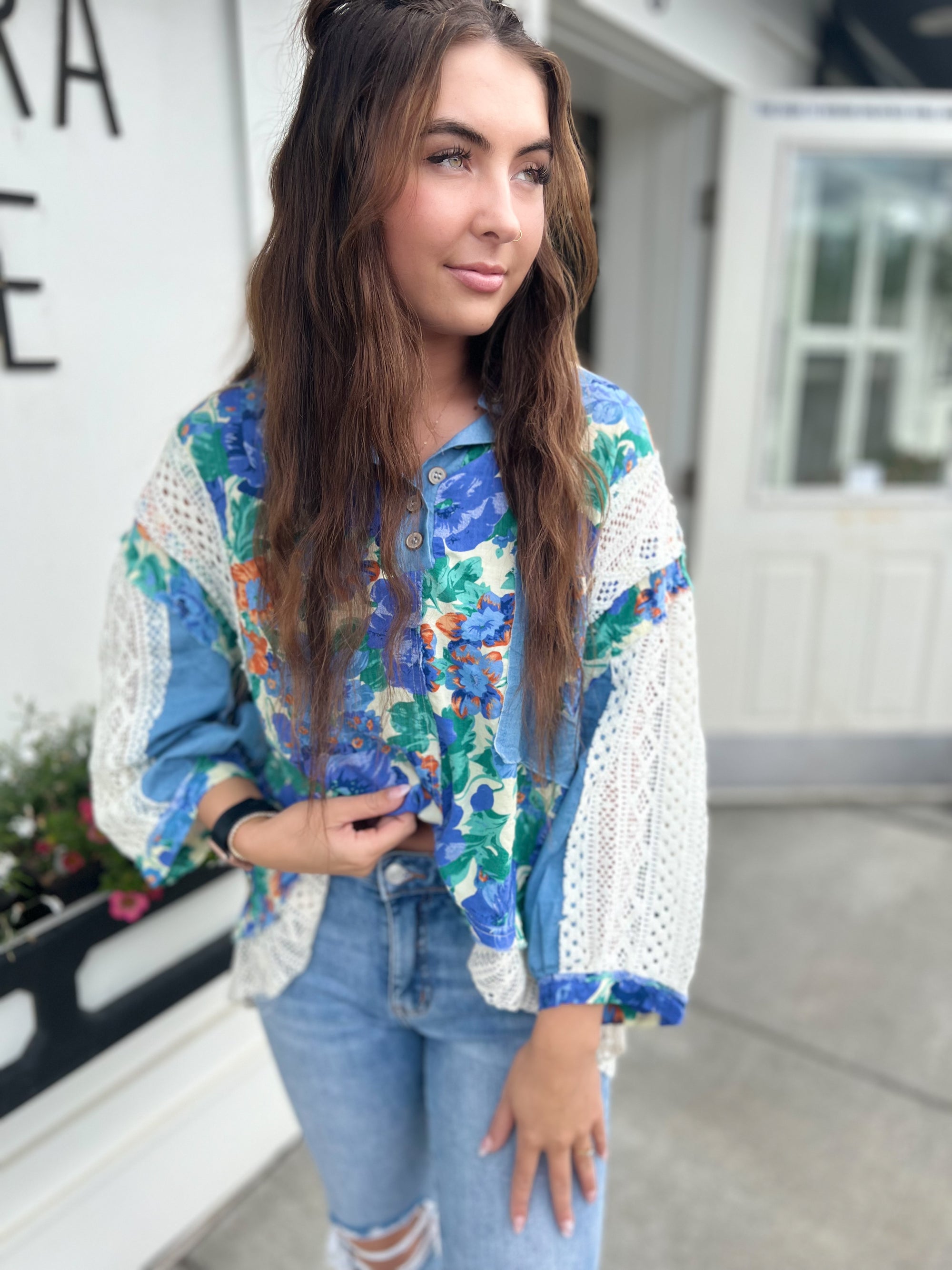 Alejandro Floral Oversize Woven Top- Blue Multi