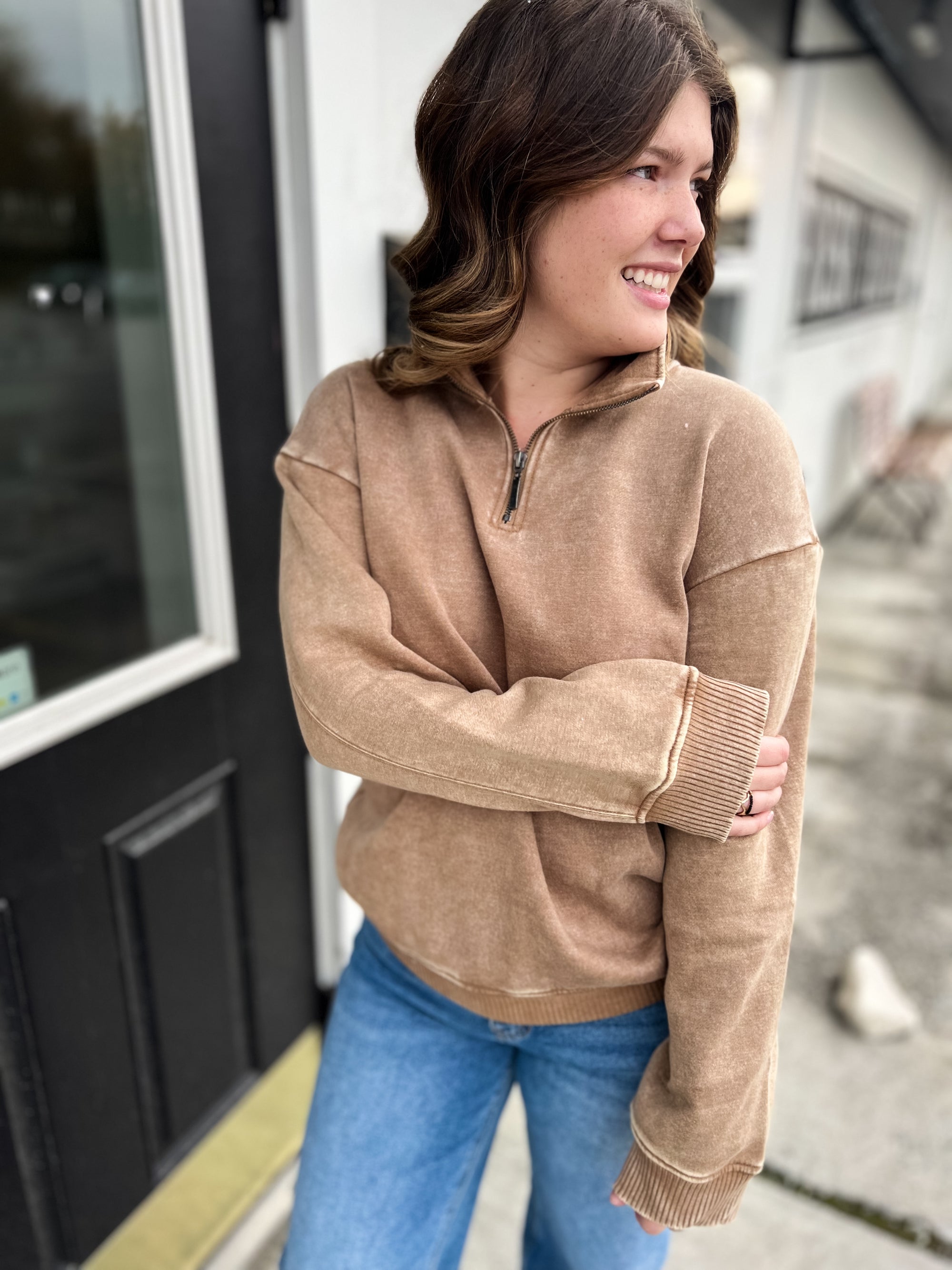 Casual Comfort Fleece Half Zip Pullover- Deep Camel