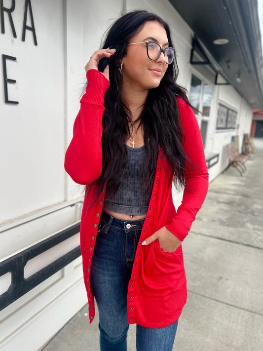 Kyra Tunic Snap Button Cardi- Ruby