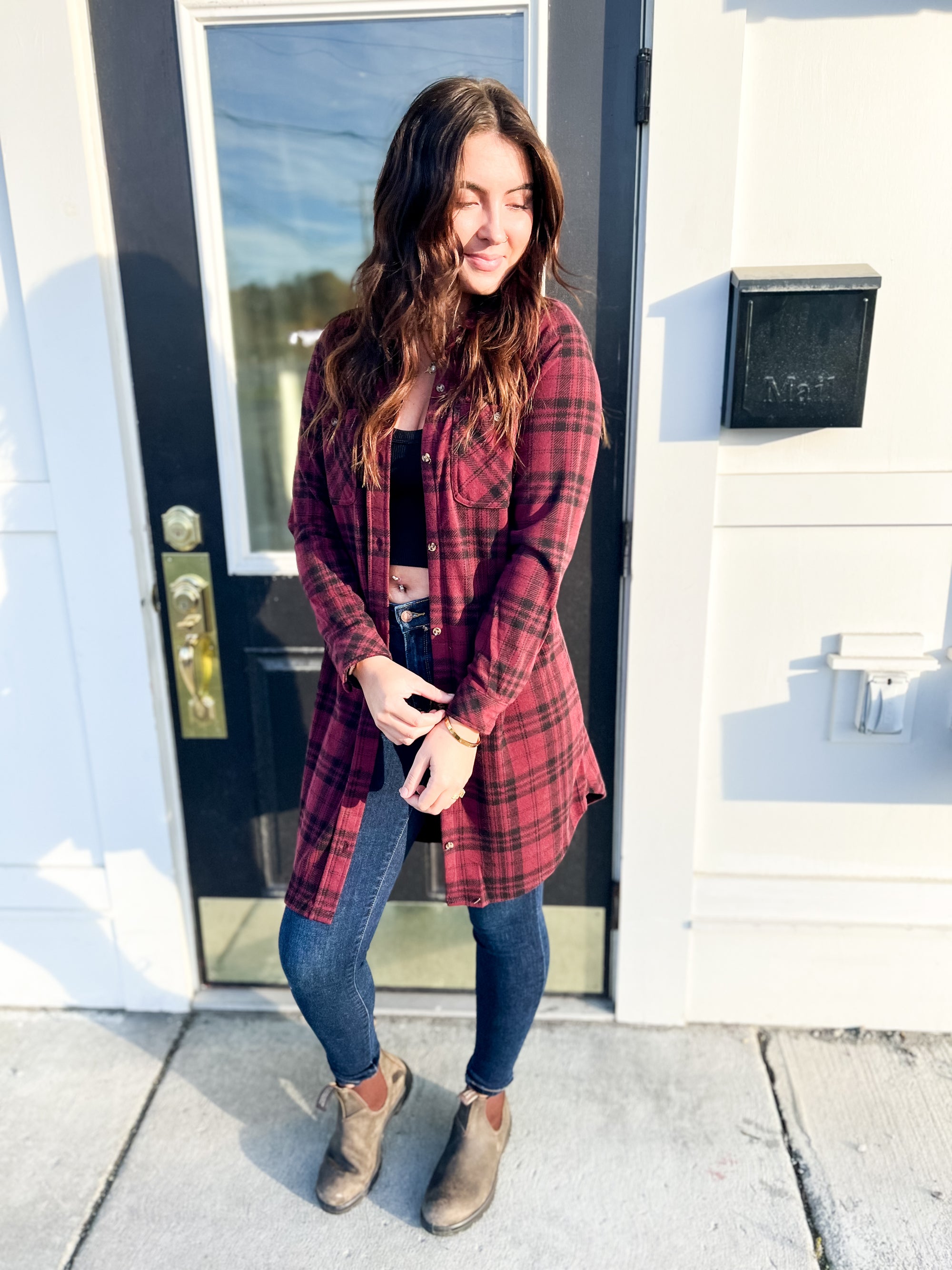 Leslie Button Down Tunic- Burgundy Plaid