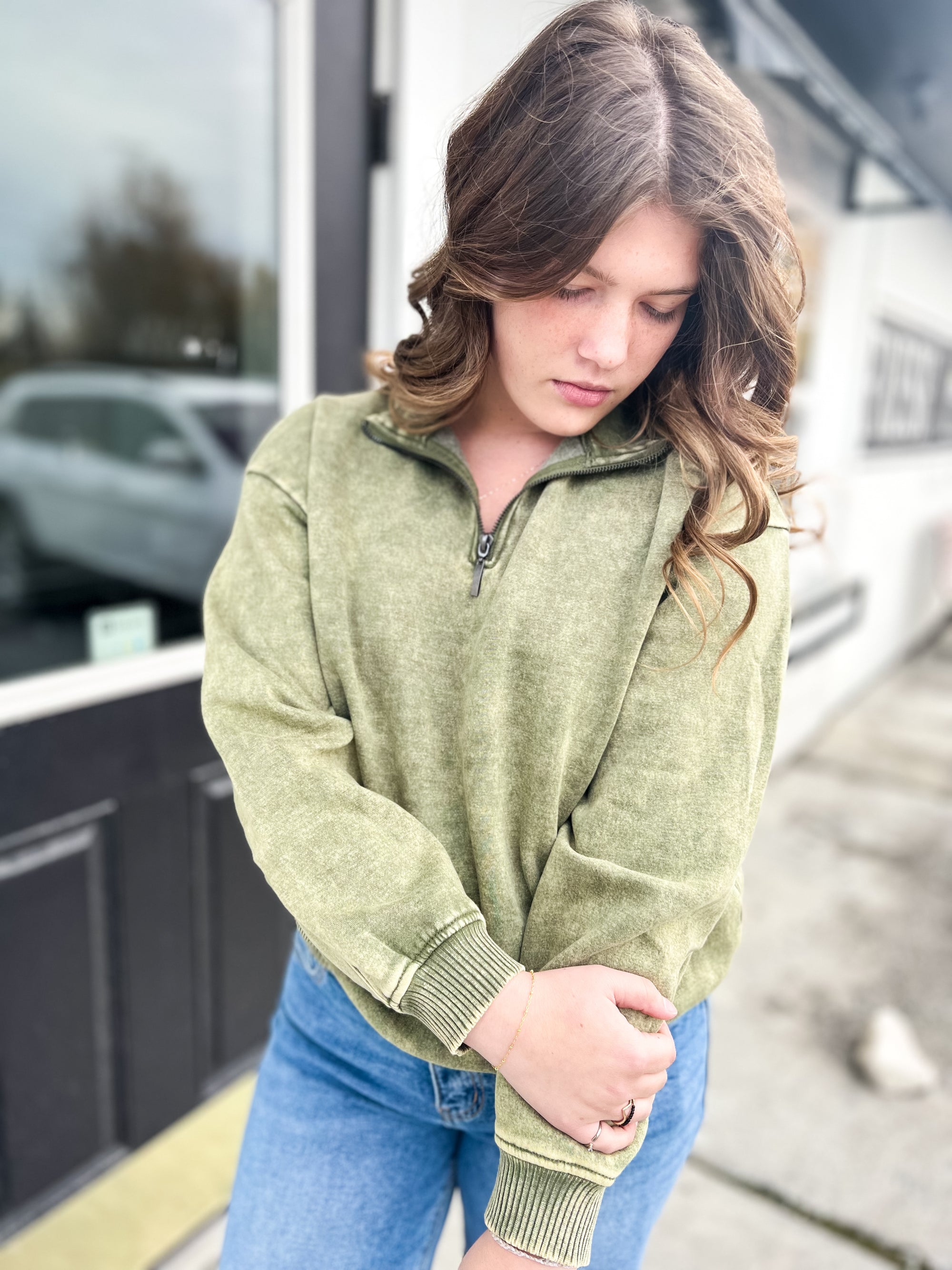 Casual Comfort Fleece Half Zip Pullover- Lt Olive