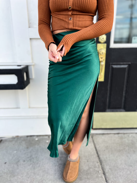 Karla Satin Slit Maxi Skirt- Hunter Green