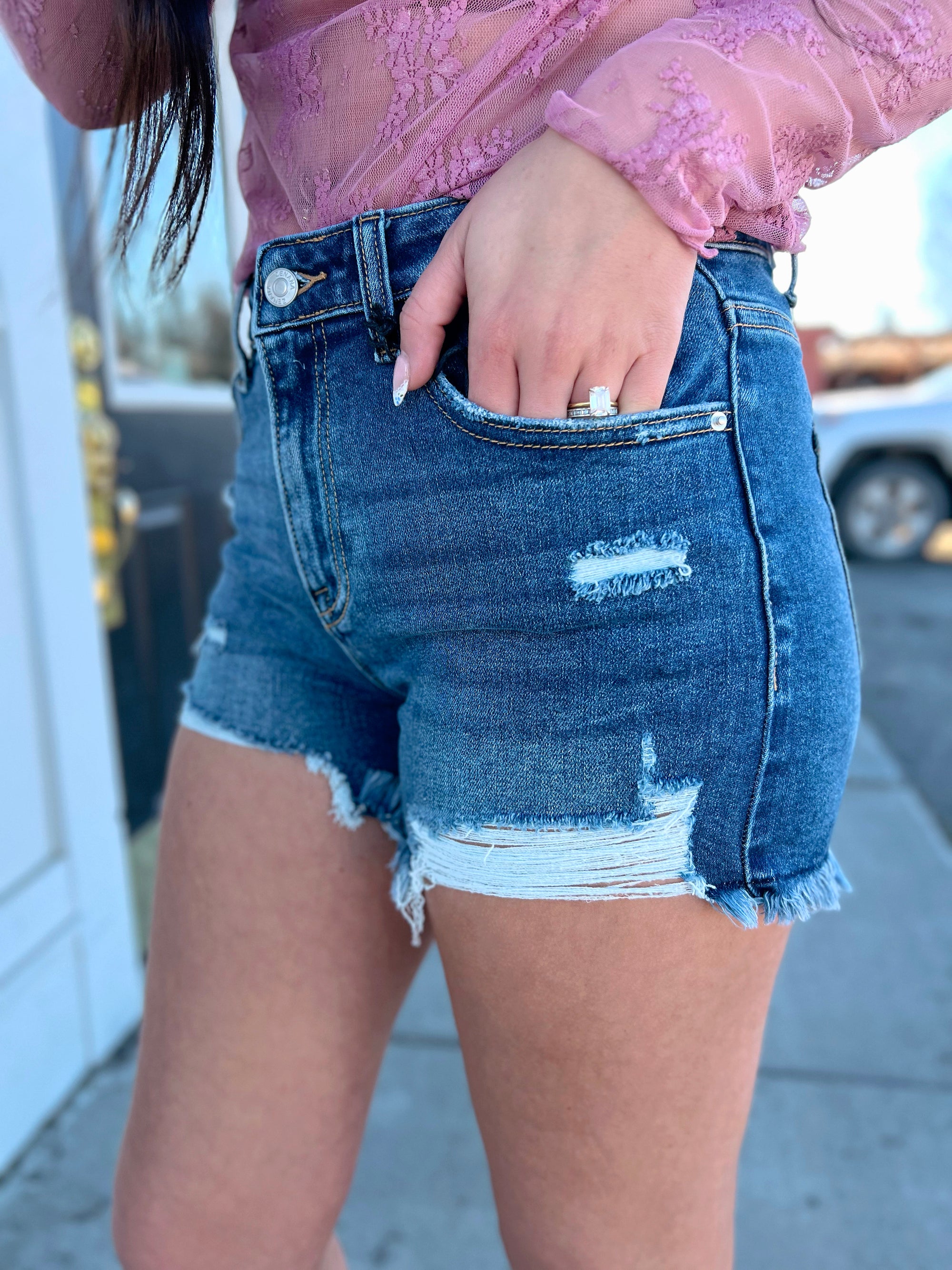 Macie Distressed Hem Dark Wash Shorts