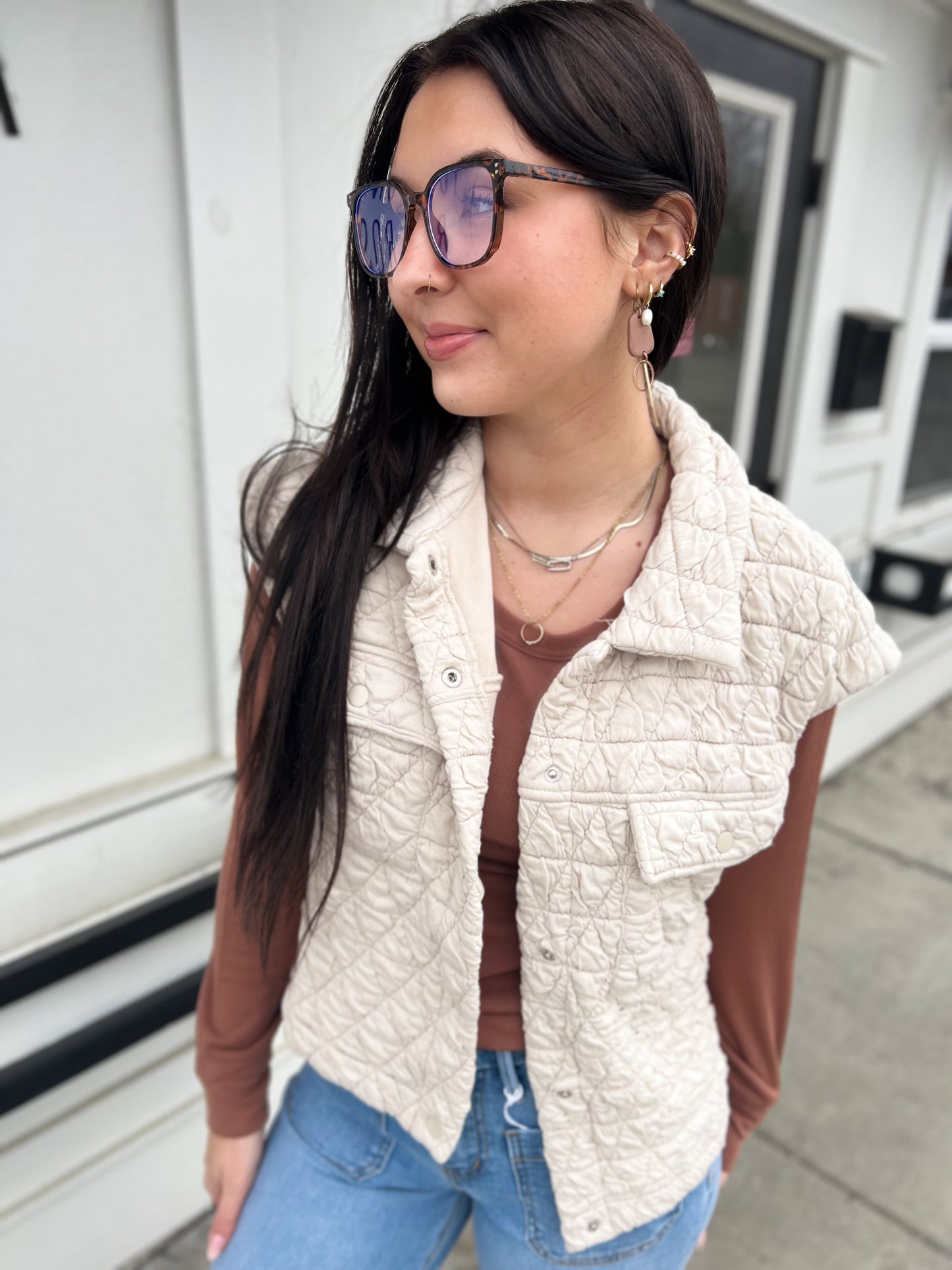 Ella Quilted Patch Pocket Vest- Oat