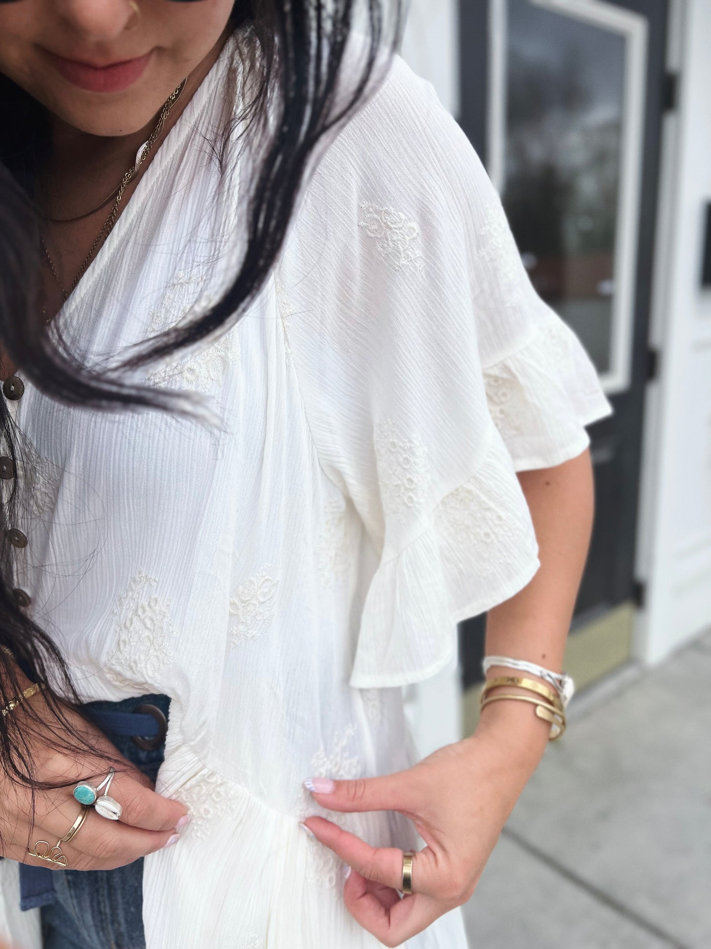 Rosie Embroidered Flutter Slv Button Duster Cardi