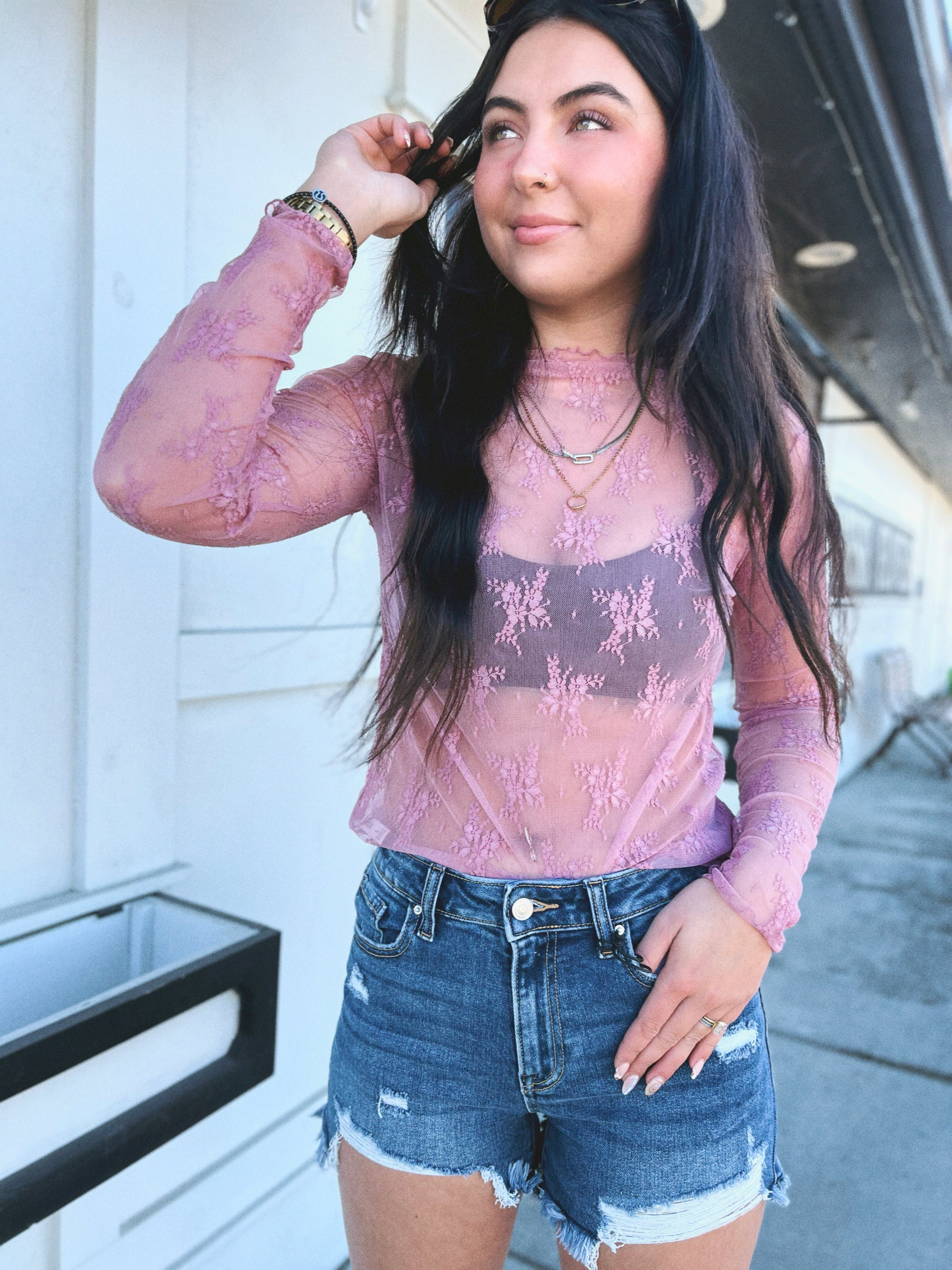 DeeDee Lace LS Layering Top-Rose