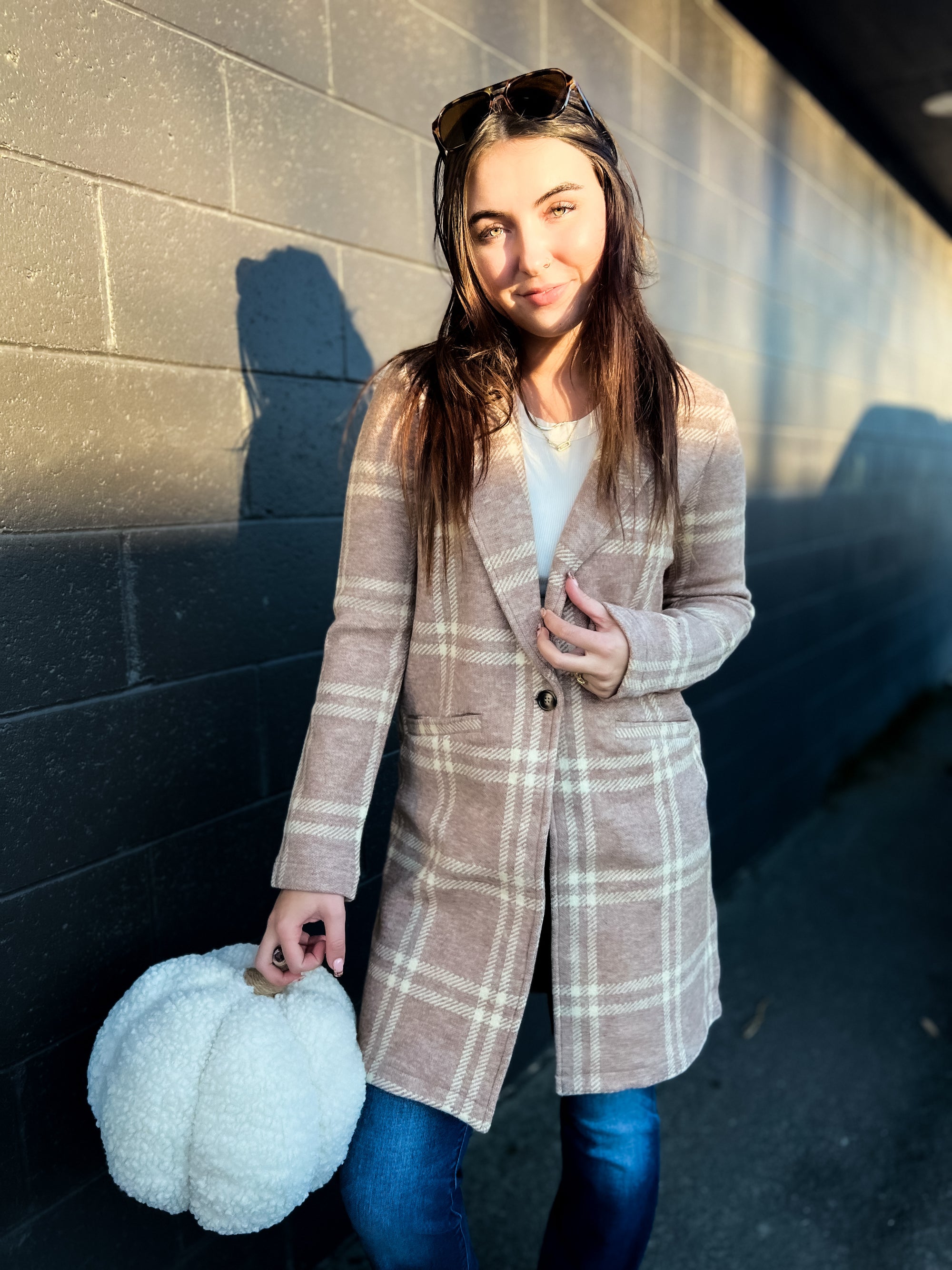 Kenzie Coat- Beige Ivory Plaid