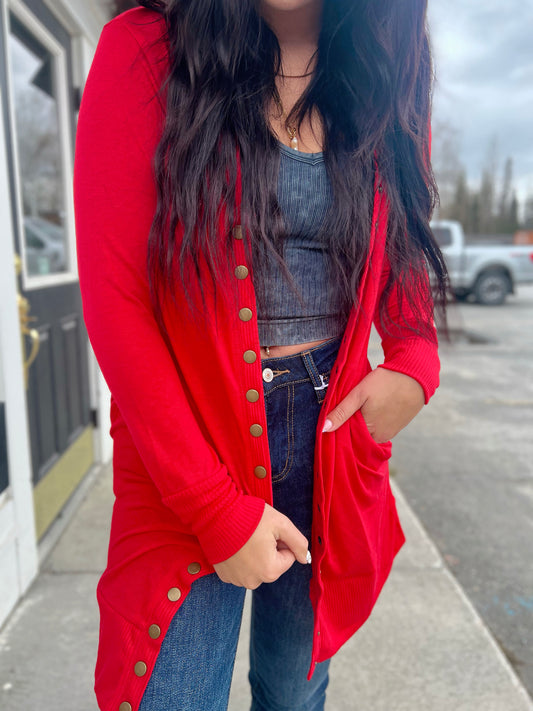 Kyra Tunic Snap Button Cardi- Ruby