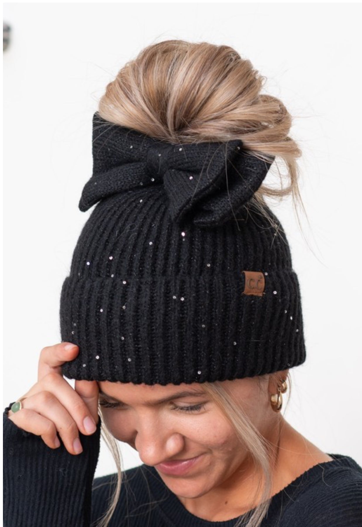 CC Messy Bun Bow Beanie W/ Sequins- More Colors