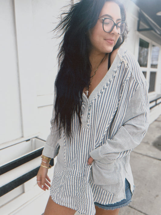 By The Shore Oversized Top- Denim Blue