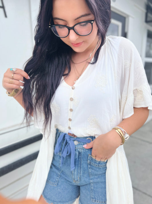 Rosie Embroidered Flutter Slv Button Duster Cardi