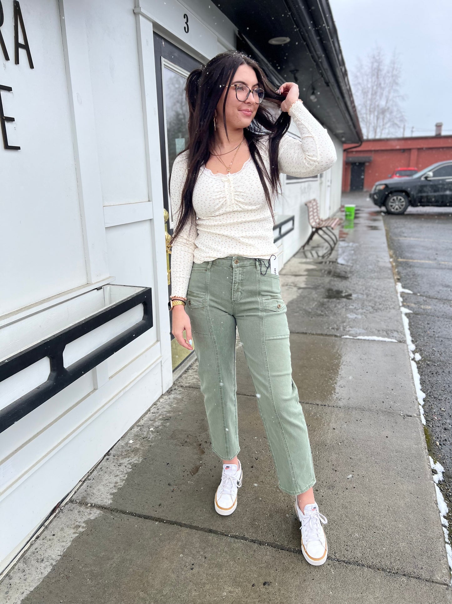 Jenni Tapered Cargo Denim- Seafoam