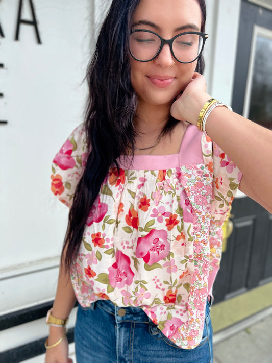 Sofia Floral Square Neckline Top- Blush Combo
