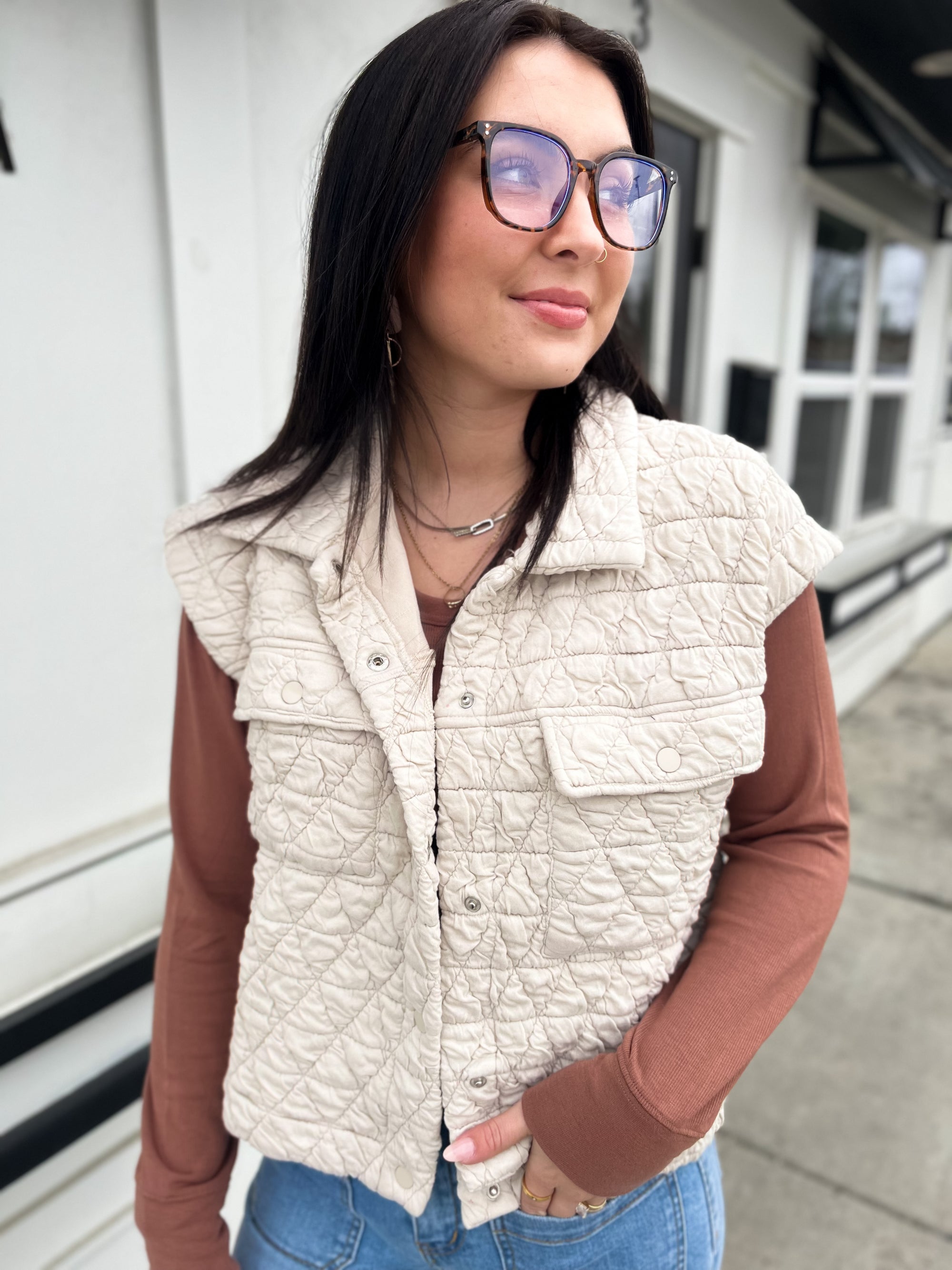 Ella Quilted Patch Pocket Vest- Oat