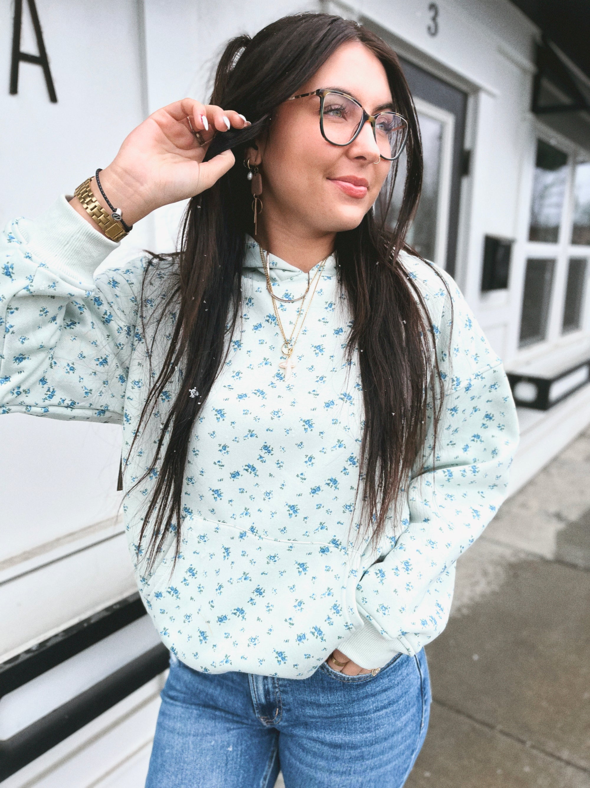 Sadie Floral Terry Hoodie- Mint