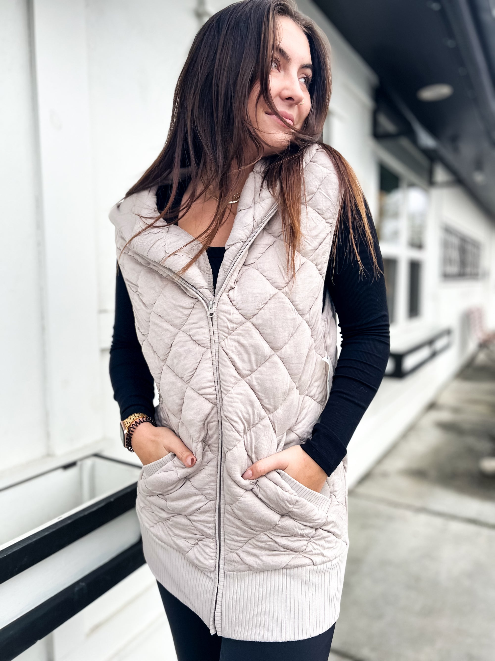 Real Connections Quilted Oversized Vest With Hood- Taupe