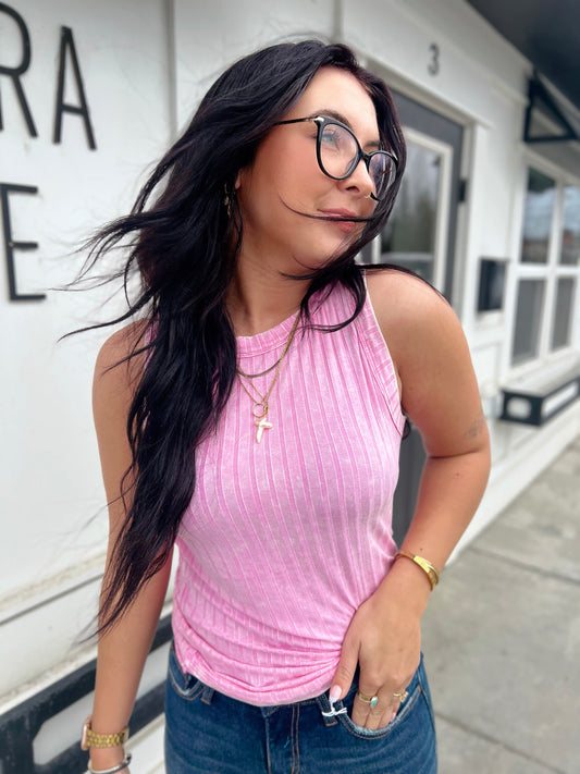 Ari Ribbed Sleeveless Tank- Candy Pink