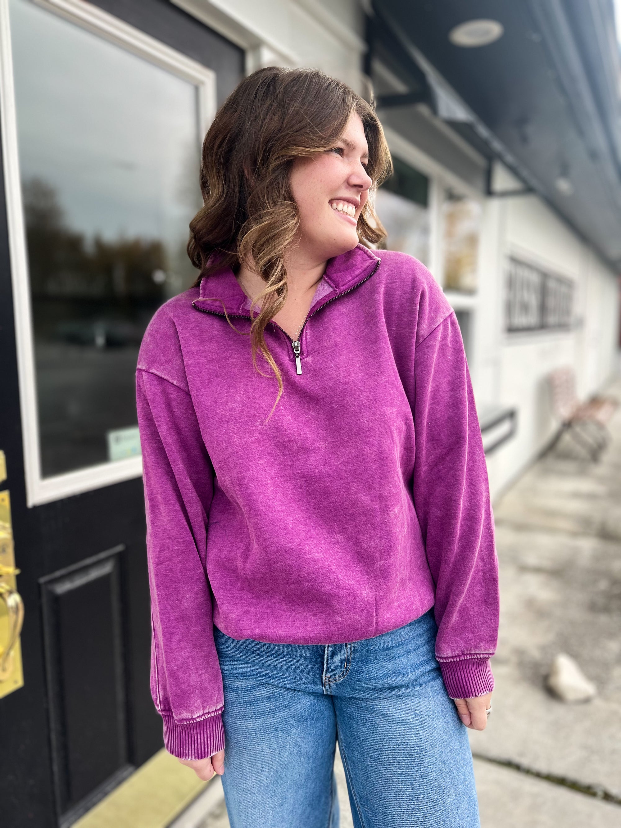 Casual Comfort Fleece Half Zip Pullover- Lt Plum